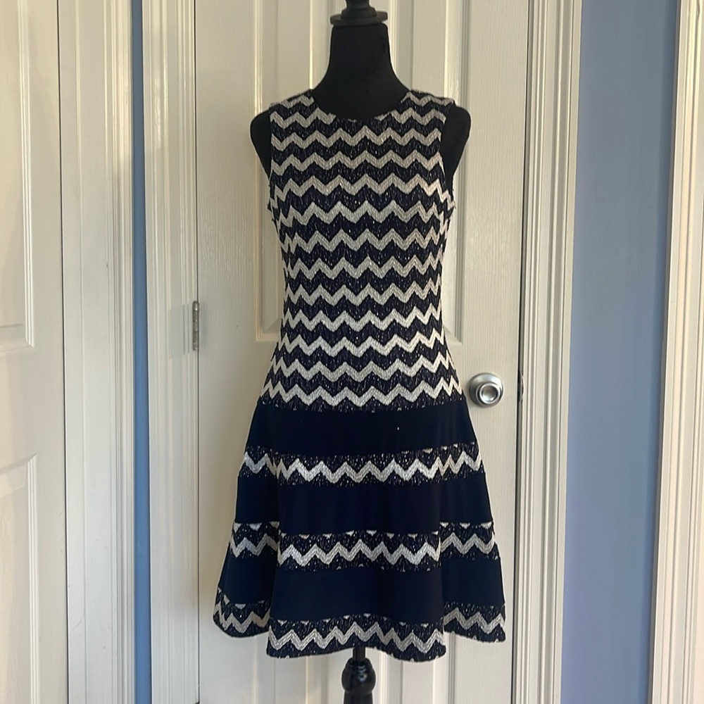 NWT Betsey and Adam Fit and Flare Blue/White glittery dress- Sz 8